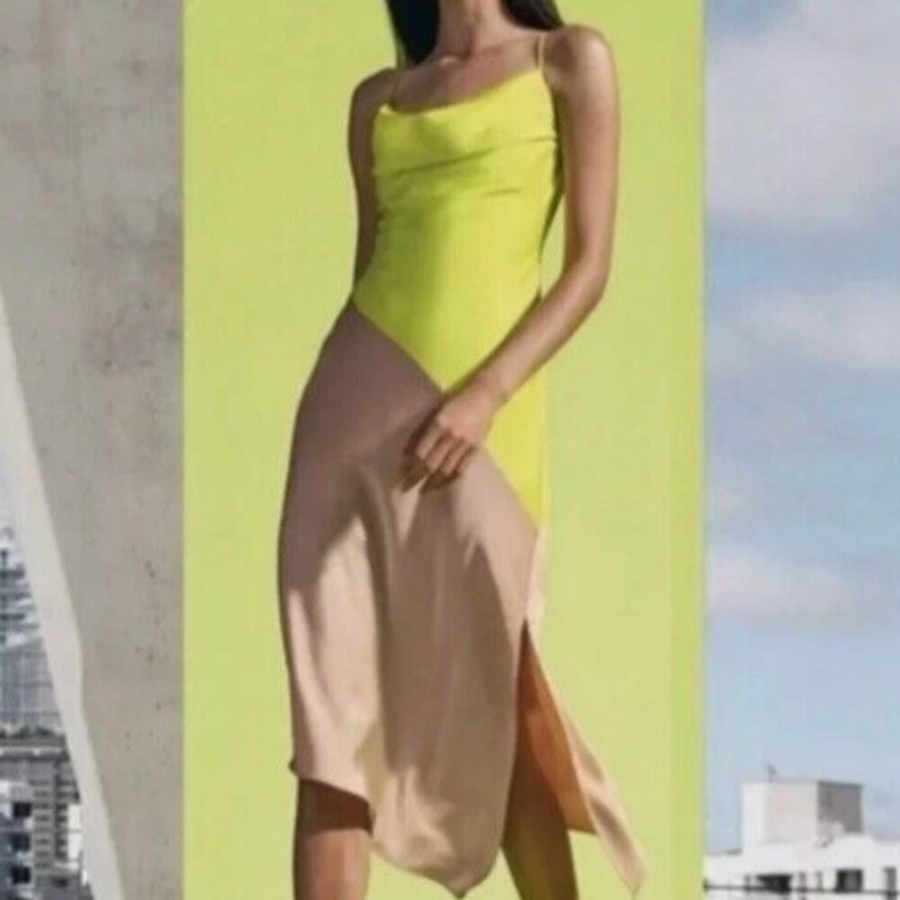 Cushnie X Target Tan and Lime Colorblock Cowl Neck Midi Slip Dress Size 14 - Picture 4 of 6